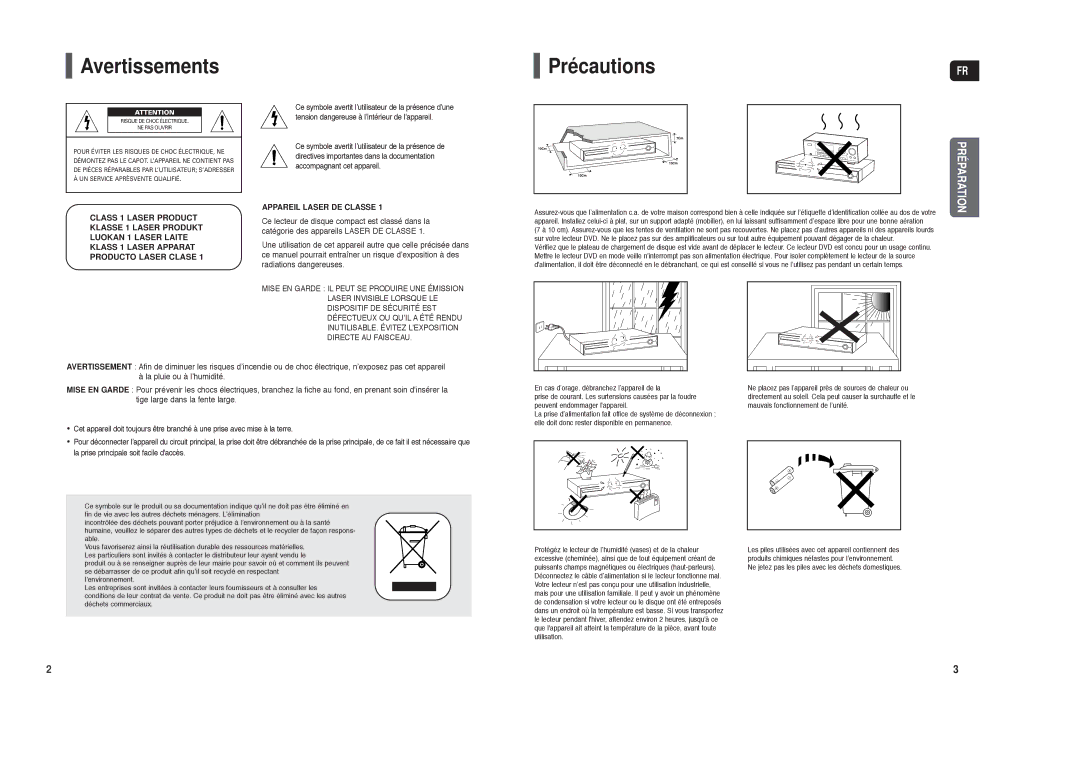 Samsung HT-X30R/XEF, HT-TX35R/XEF manual Avertissements Précautions, Appareil Laser DE Classe 