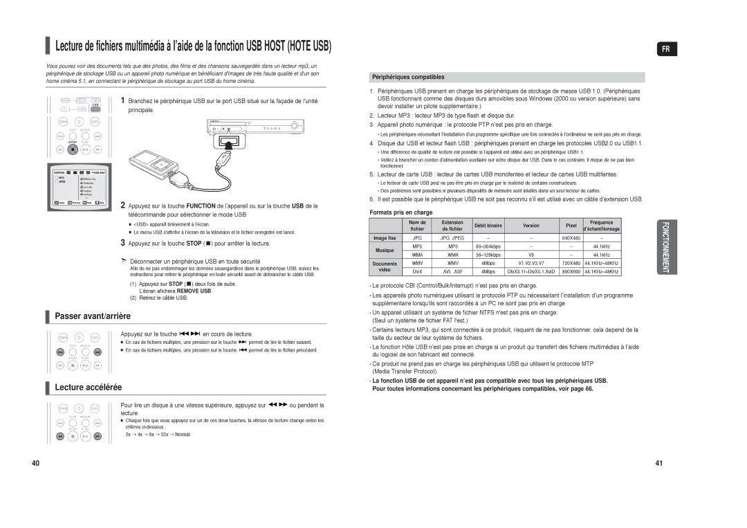 Samsung HT-TX35R/XEF, HT-X30R/XEF manual Appuyez sur le touche en cours de lecture, Périphériques compatibles 