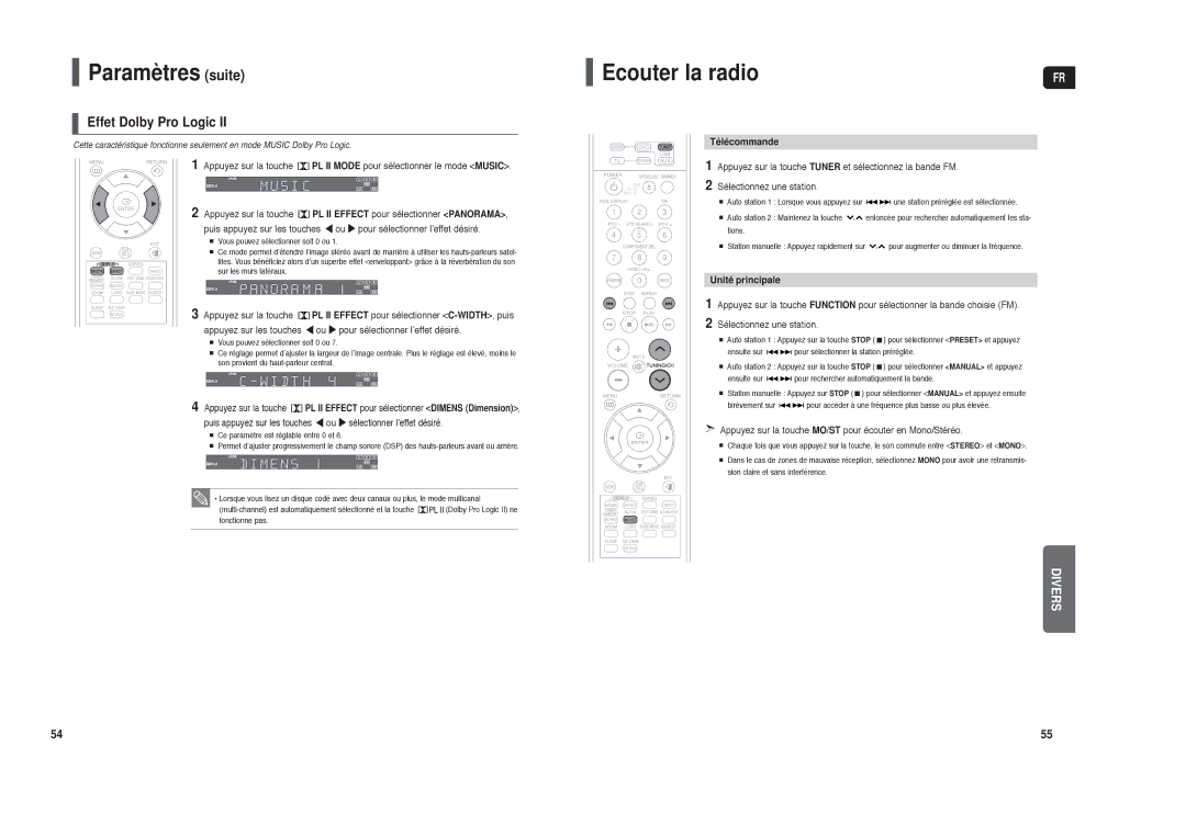 Samsung HT-X30R/XEF, HT-TX35R/XEF manual Ecouter la radio, Effet Dolby Pro Logic, Télécommande, Unité principale 