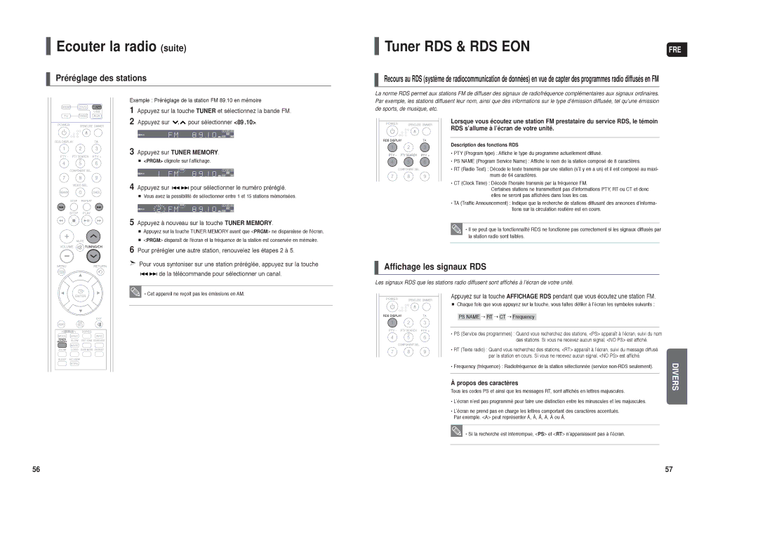 Samsung HT-TX35R/XEF manual Ecouter la radio suite, Tuner RDS & RDS EON, Préréglage des stations, Affichage les signaux RDS 