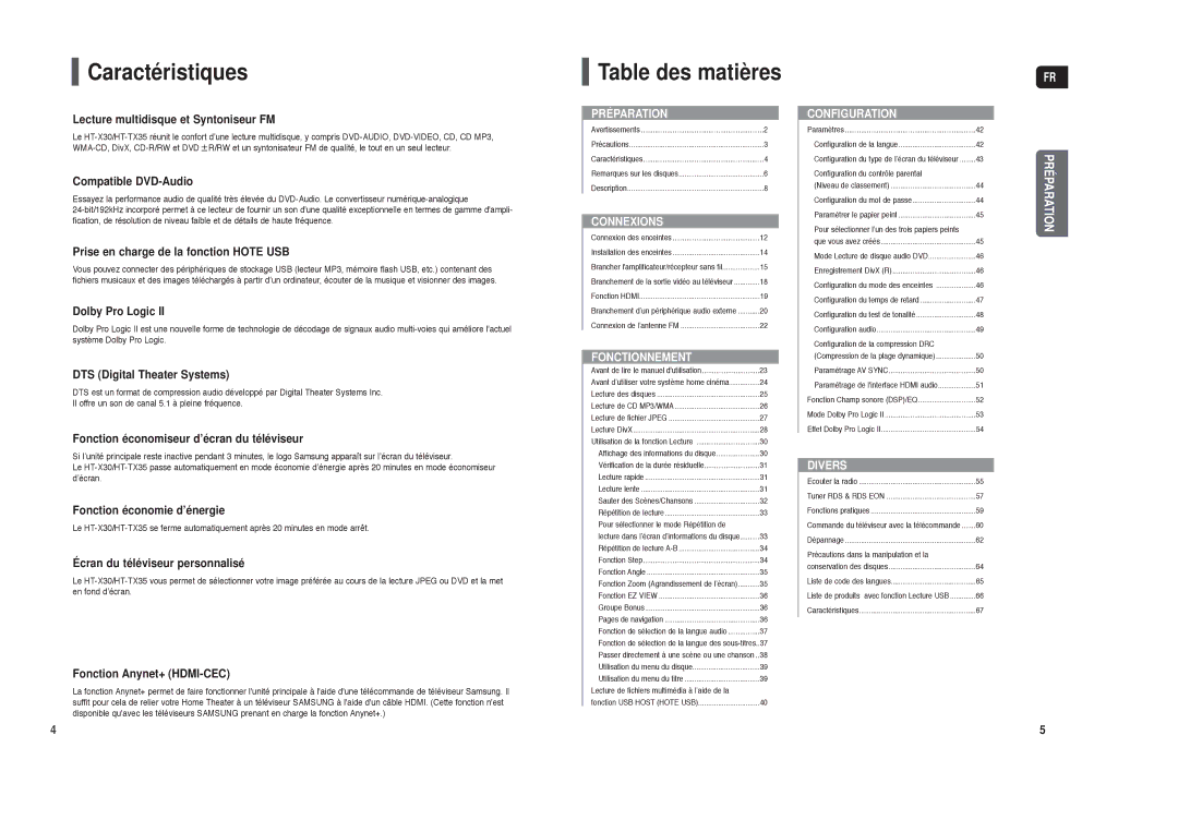 Samsung HT-TX35R/XEF, HT-X30R/XEF manual Caractéristiques, Table des matières 