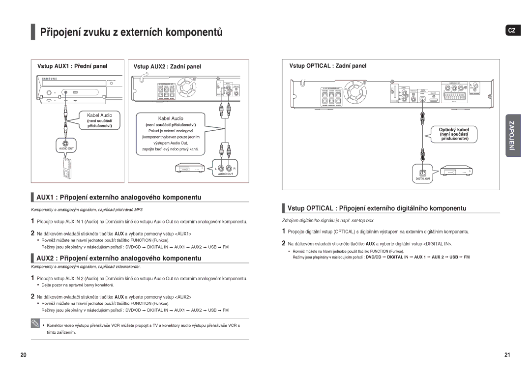 Samsung HT-TX35R/XEO, HT-X30R/XEO Připojení zvuku z externích komponentů, AUX1 Připojení externího analogového komponentu 