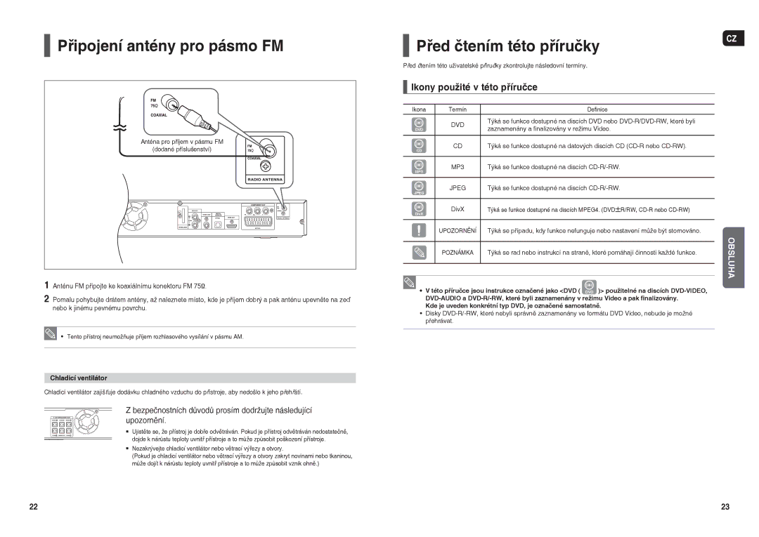 Samsung HT-X30R/XEO, HT-TX35R/XEO Připojení antény pro pásmo FM, Před čtením této příručky, Ikony použité v této příručce 