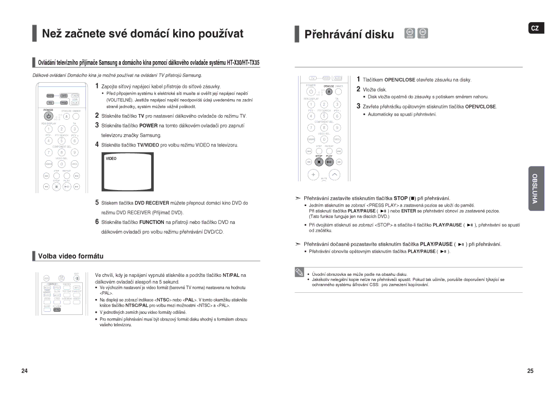 Samsung HT-TX35R/XEO, HT-X30R/XEO manual Než začnete své domácí kino používat, Přehrávání disku, Volba video formátu 