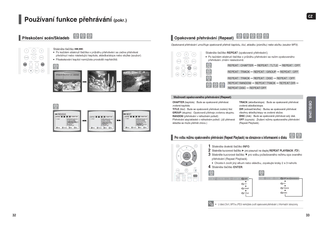 Samsung HT-TX35R/XEO, HT-X30R/XEO manual Používaní funkce přehrávání pokr, Přeskočení scén/Skladeb DVD CD MP3 