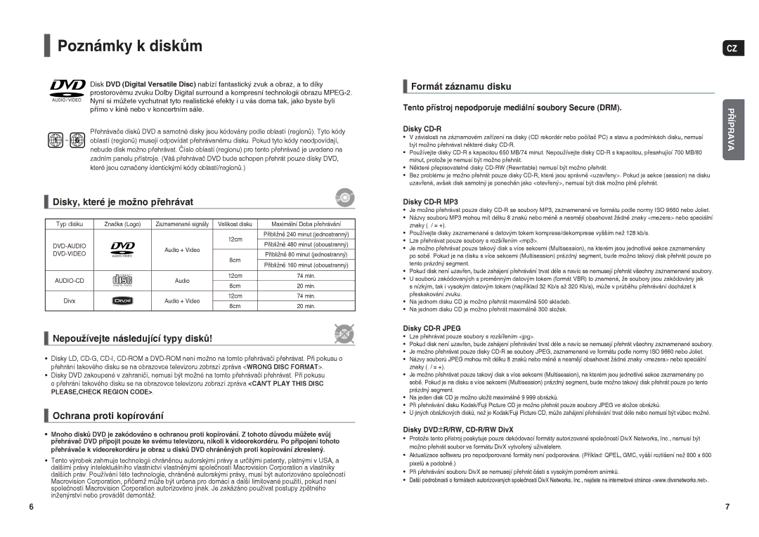 Samsung HT-X30R/XEO, HT-TX35R/XEO Poznámky k diskům, Disky, které je možno přehrávat, Nepoužívejte následující typy disků 