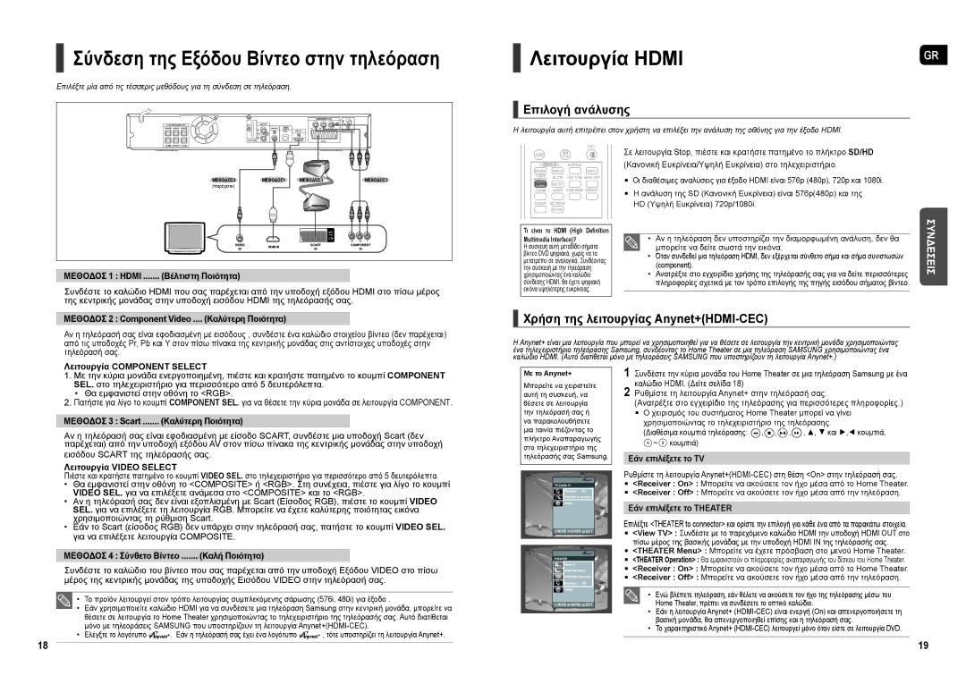 Samsung HT-X30R/XEO manual Σύνδεση της Εξόδου Βίντεο στην τηλεόραση, Λειτουργία Ηdμι, Επιλογή ανάλυσης 