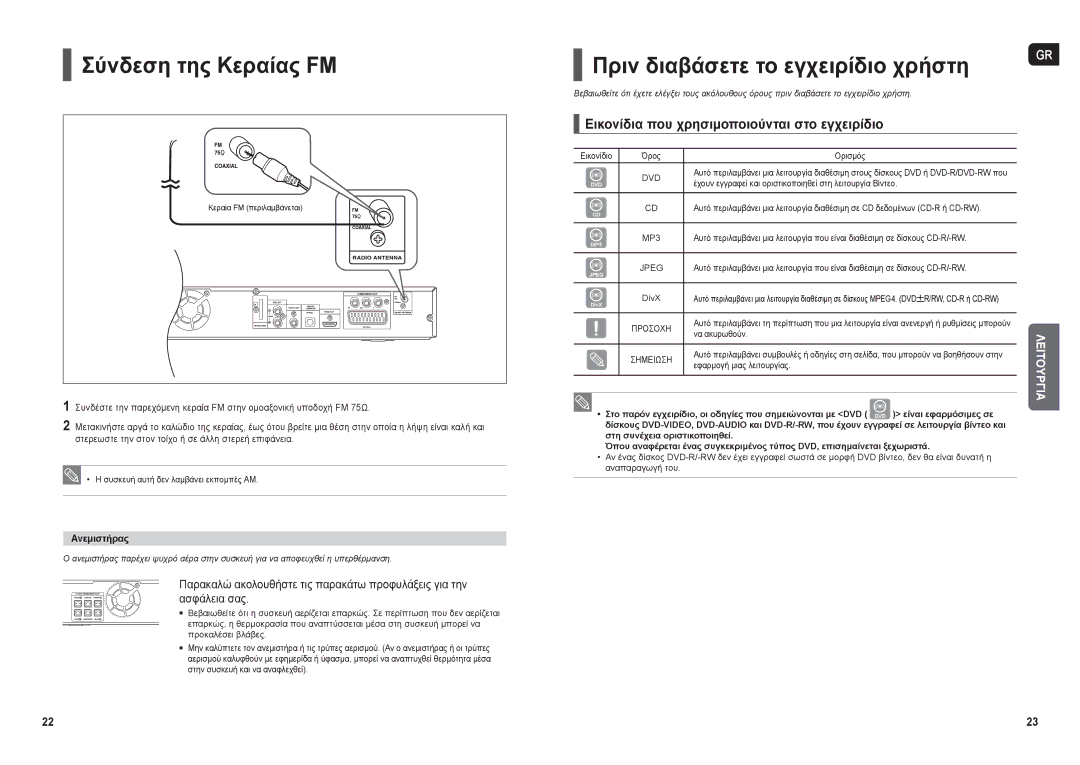 Samsung HT-X30R/XEO manual Σύνδεση της Κεραίας FΜ, Πριν διαβάσετε το εγχειρίδιο χρήστη, Ανεμιστήρας 