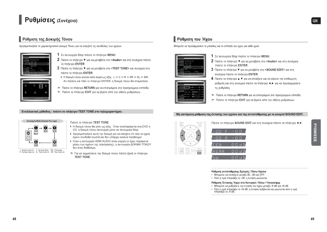 Samsung HT-X30R/XEO manual Ρύθμιση της Δοκιμής Τόνου, Ρύθμιση του Ήχου, Πιέστε το πλήκτρο Test Τονε 