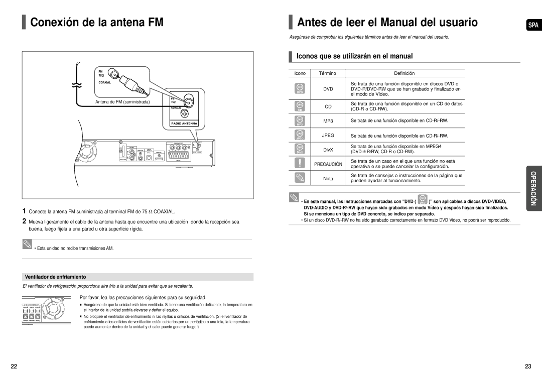 Samsung HT-X30R/XET Conexión de la antena FM, Antes de leer el Manual del usuario, Iconos que se utilizarán en el manual 