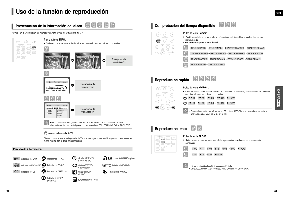 Samsung HT-X30R/XEO, HT-X30R/XET Uso de la función de reproducción, Reproducción lenta DVD DivX, Pantalla de información 