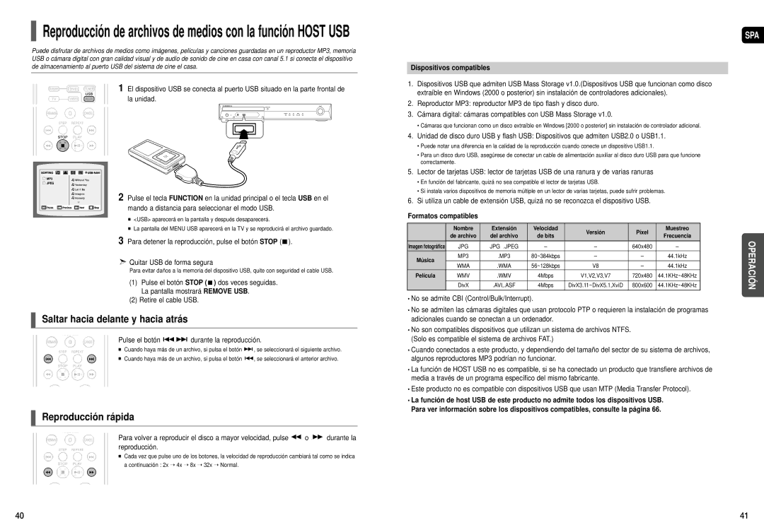 Samsung HT-X30R/XET, HT-X30R/XEO Retire el cable USB, Pulse el botón durante la reproducción, Dispositivos compatibles 