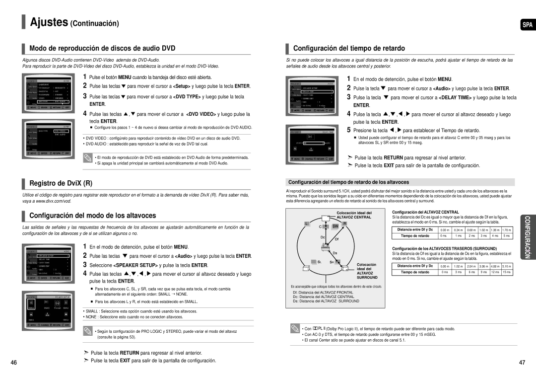 Samsung HT-X30R/XET Modo de reproducción de discos de audio DVD, Configuración del tiempo de retardo, Registro de DviX R 