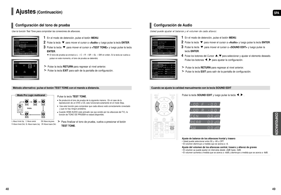 Samsung HT-X30R/XEO, HT-X30R/XET Configuración del tono de prueba, Configuración de Audio, Para ajustar la configuración 