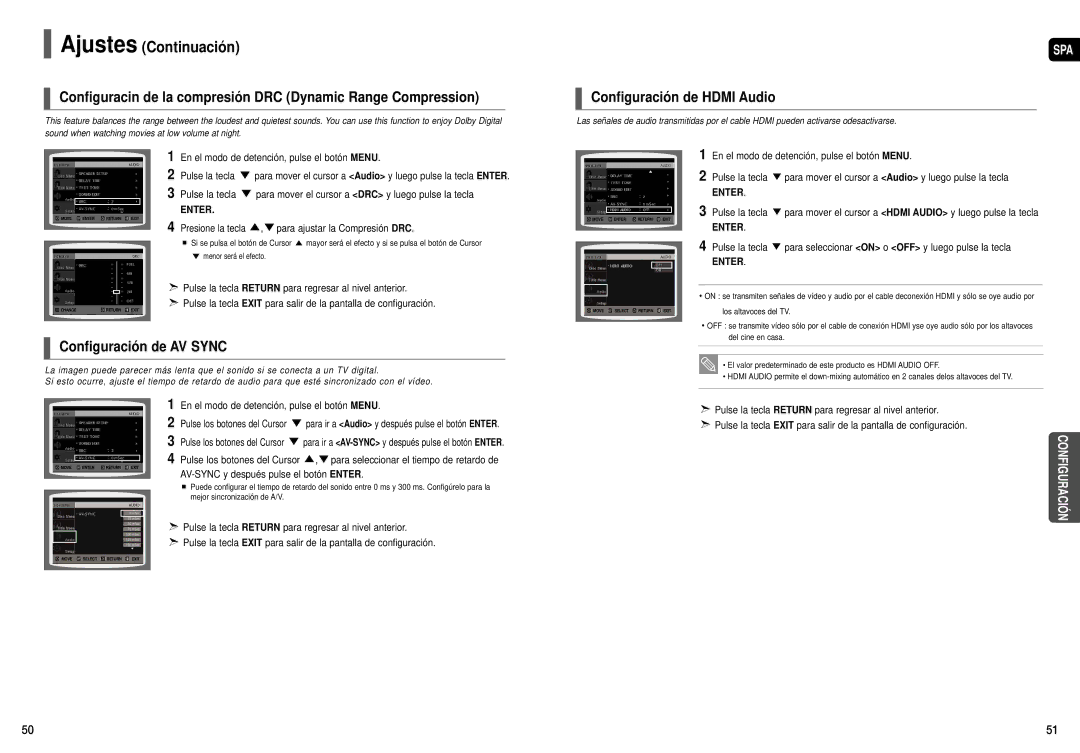 Samsung HT-TX35R/XET, HT-X30R/XET Configuracin de la compresión DRC Dynamic Range Compression, Configuración de Hdmi Audio 