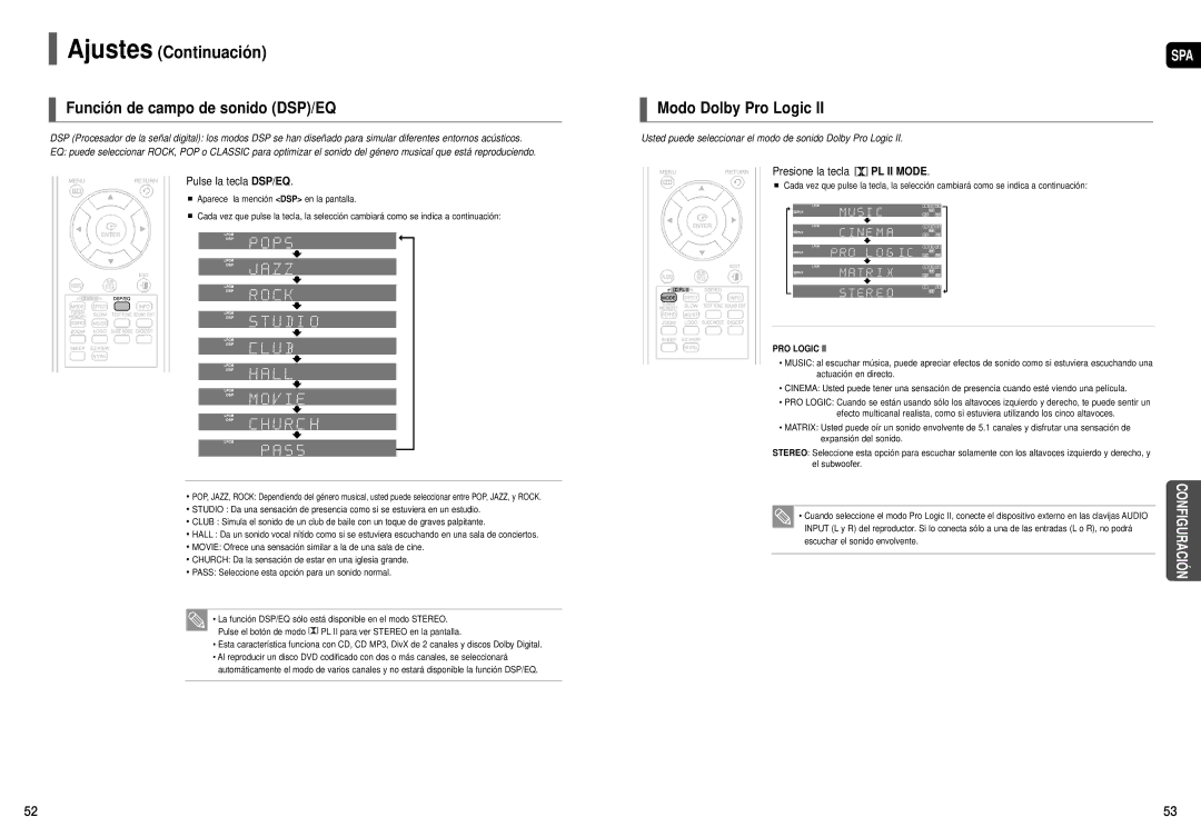 Samsung HT-X30R/XET, HT-X30R/XEO manual Función de campo de sonido DSP/EQ, Modo Dolby Pro Logic, Pulse la tecla DSP/EQ 