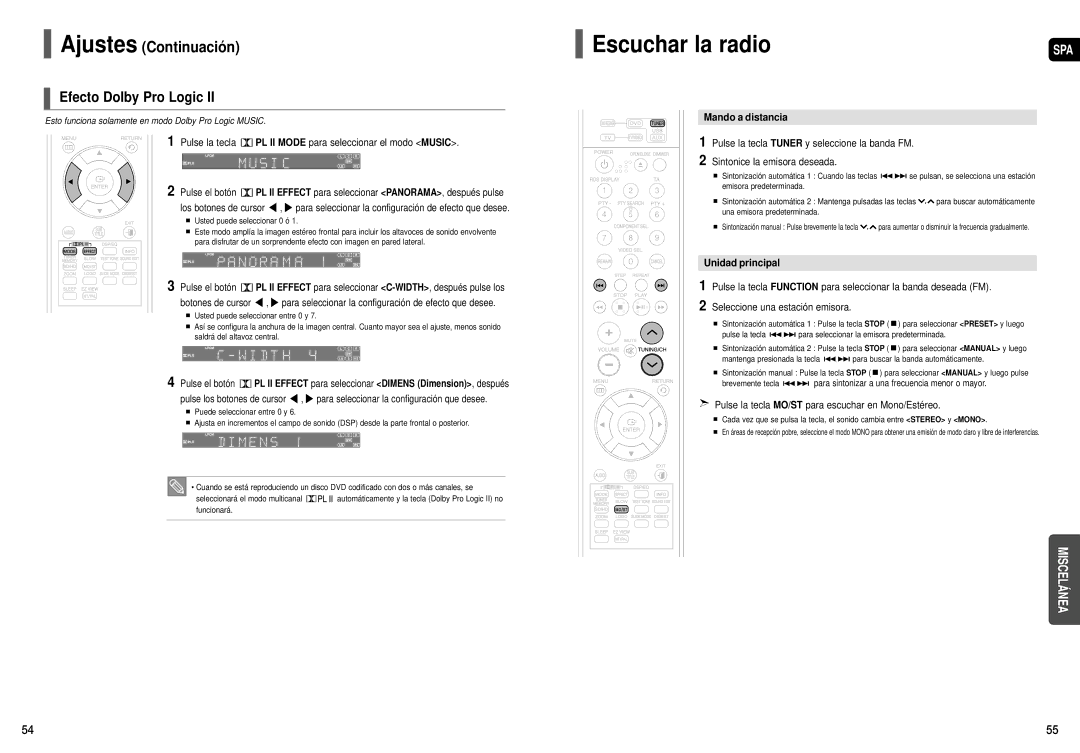 Samsung HT-X30R/XEO, HT-X30R/XET manual Escuchar la radio, Efecto Dolby Pro Logic, Mando a distancia, Unidad principal 