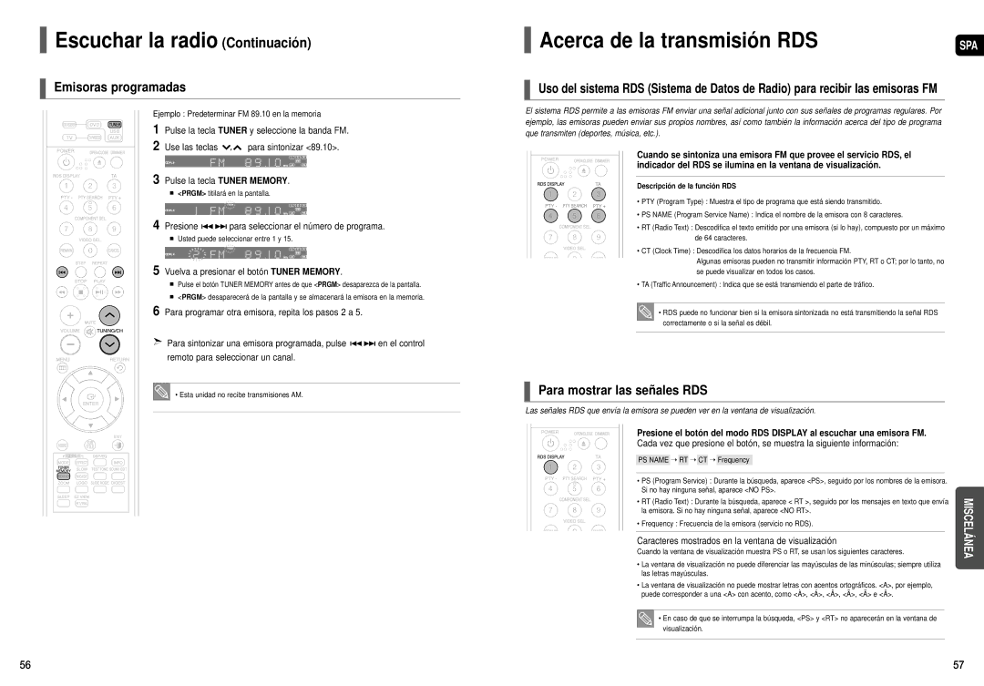 Samsung HT-TX35R/XET, HT-X30R/XET manual Escuchar la radio Continuación, Acerca de la transmisión RDS, Emisoras programadas 