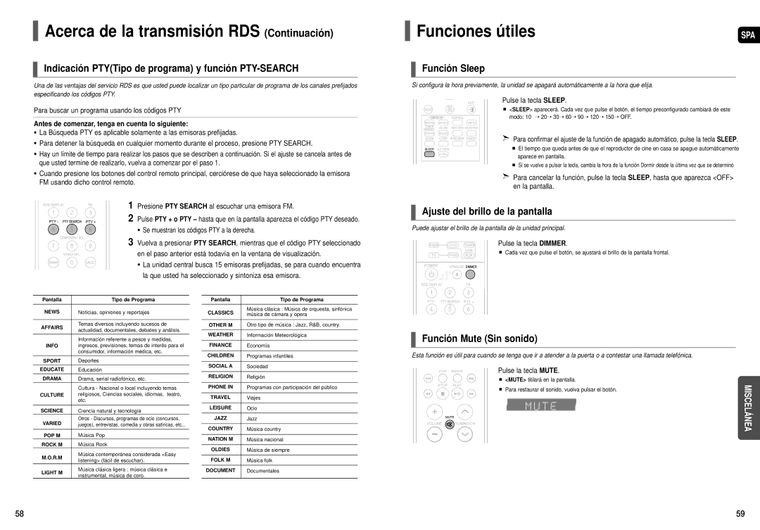 Samsung HT-X30R/XET, HT-X30R/XEO, HT-TX35R/XET manual Acerca de la transmisión RDS Continuación, Funciones útiles 