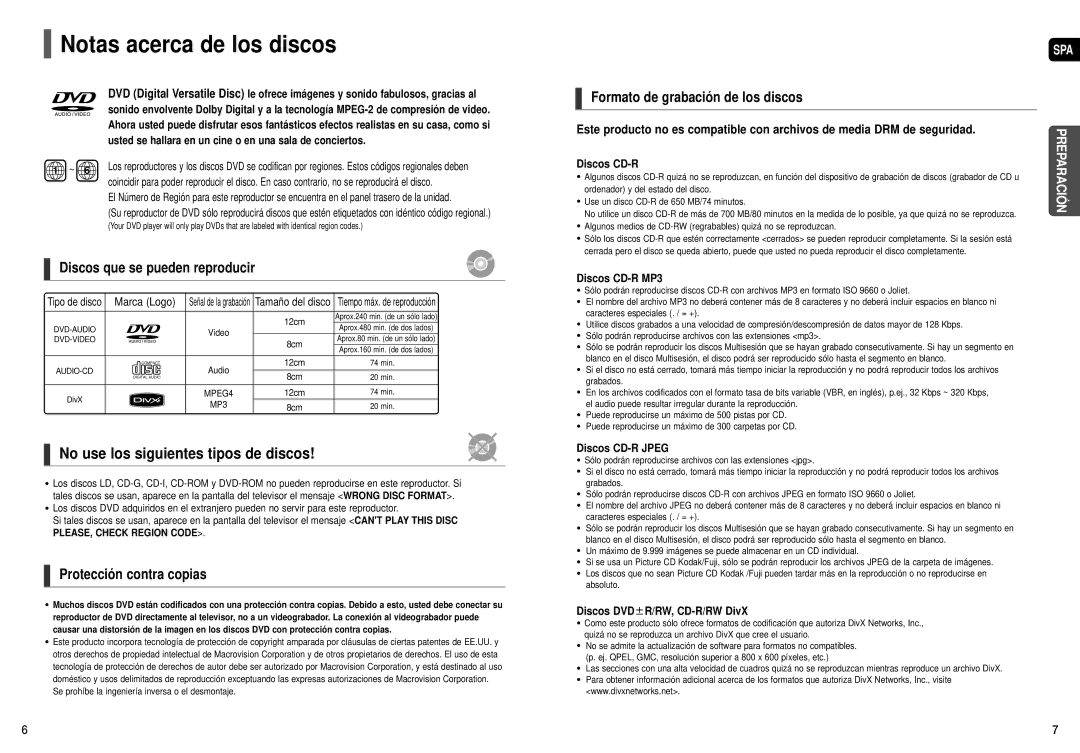 Samsung HT-X30R/XEO, HT-X30R/XET Notas acerca de los discos, Discos que se pueden reproducir, Protección contra copias 