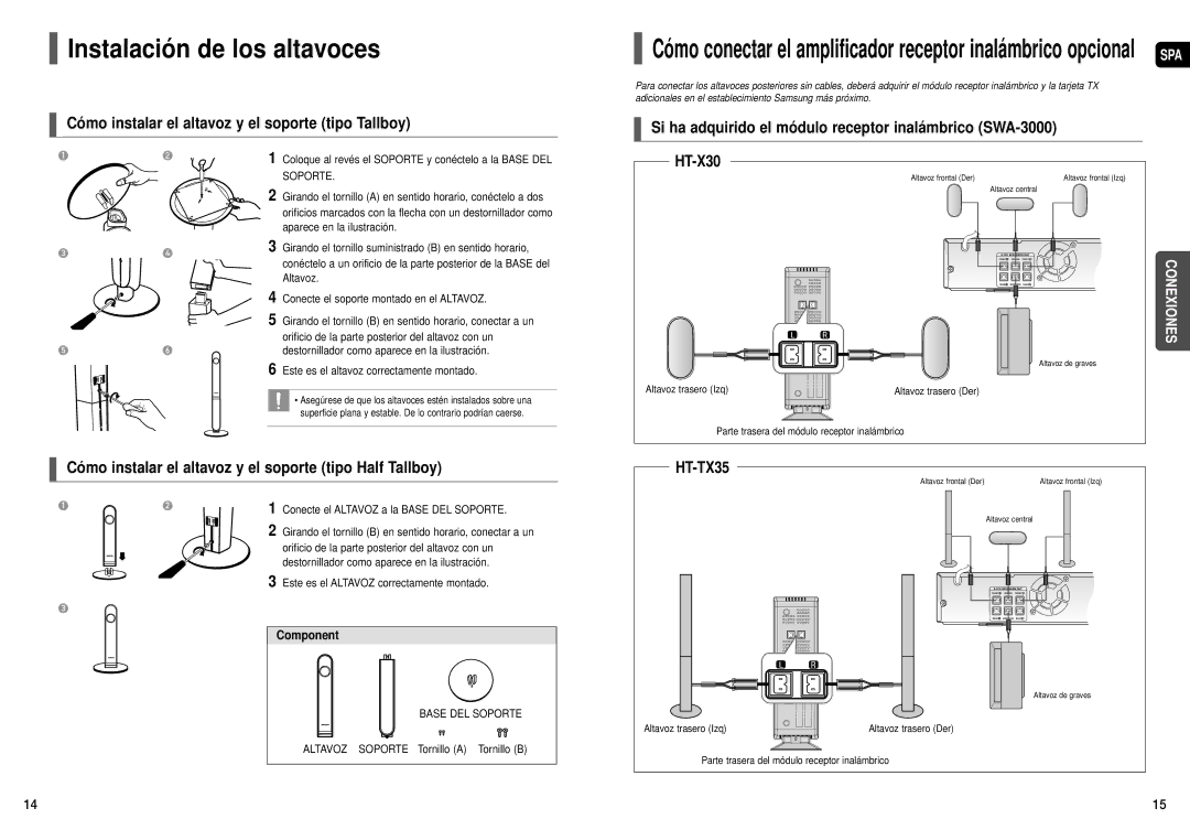 Samsung HT-TX35R/XET, HT-X30R/XET manual Instalación de los altavoces, Cómo instalar el altavoz y el soporte tipo Tallboy 