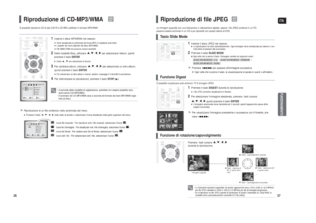 Samsung HT-X30R/XET Riproduzione di CD-MP3/WMA MP3, Riproduzione di file Jpeg Jpeg, Tasto Slide Mode, Funzione Digest 