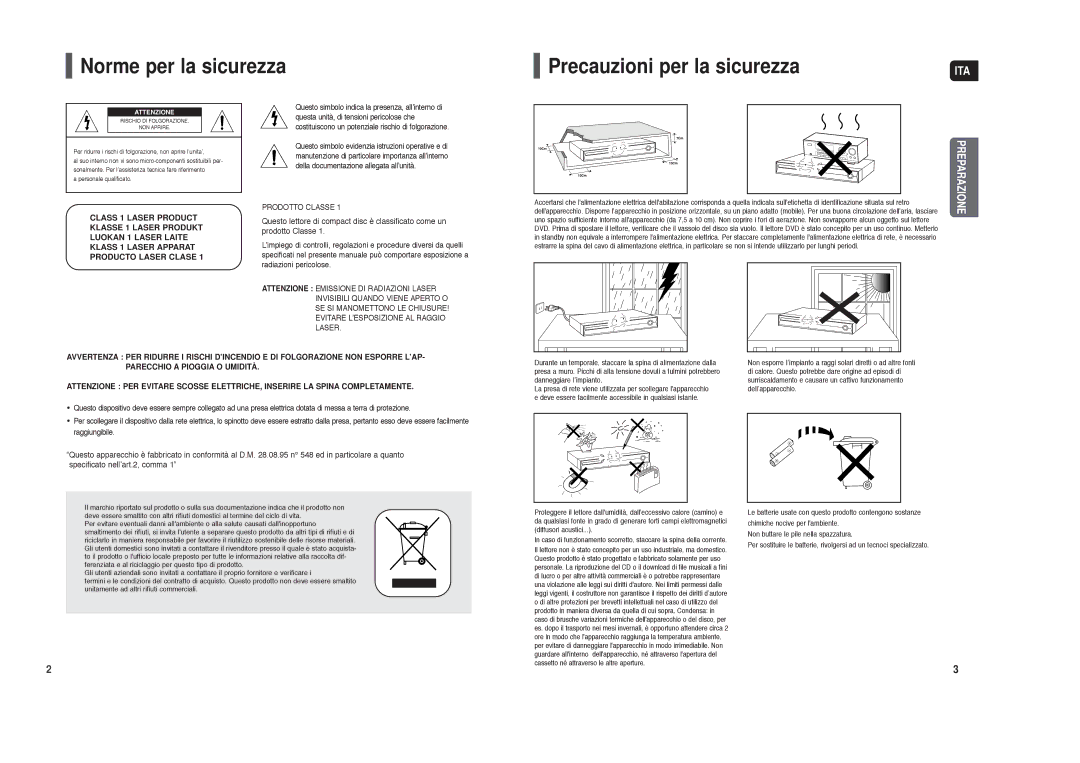 Samsung HT-X30R/XET manual Norme per la sicurezza Precauzioni per la sicurezza, Ita 