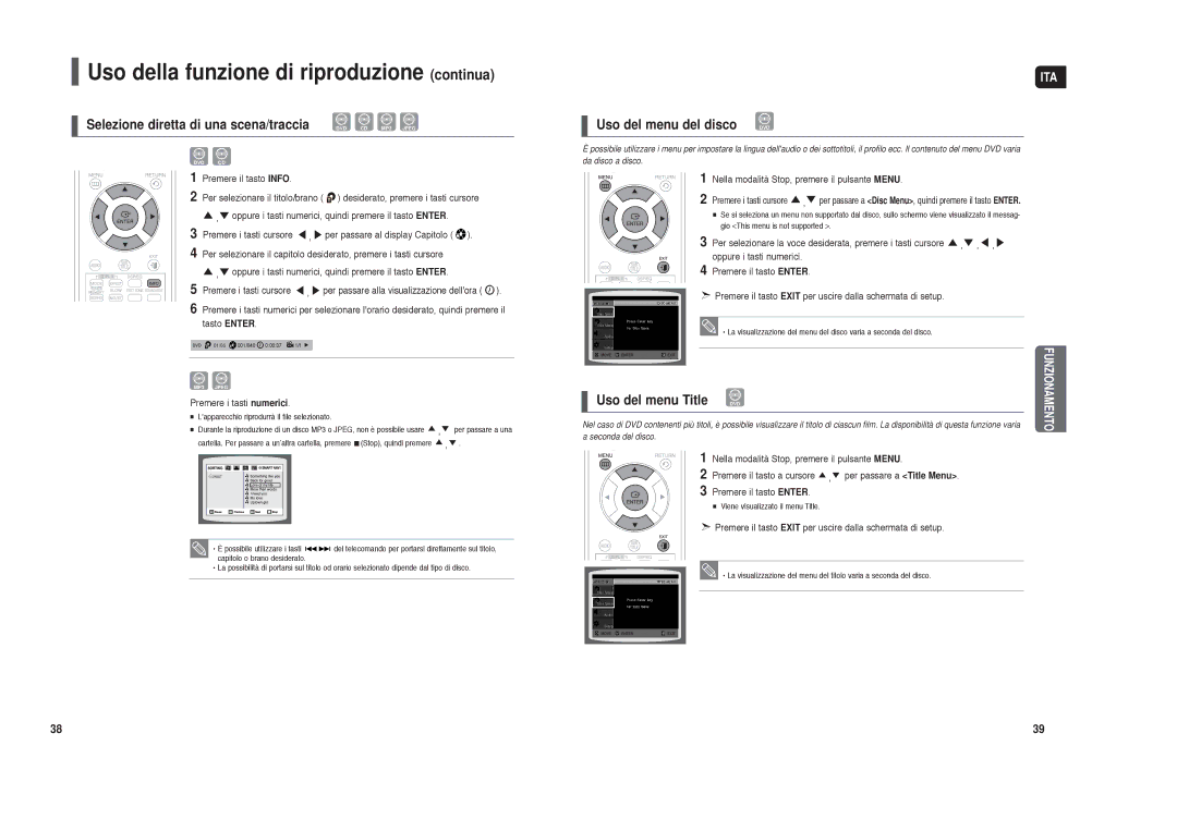 Samsung HT-X30R/XET manual Selezione diretta di una scena/traccia, Uso del menu del disco DVD, Uso del menu Title 