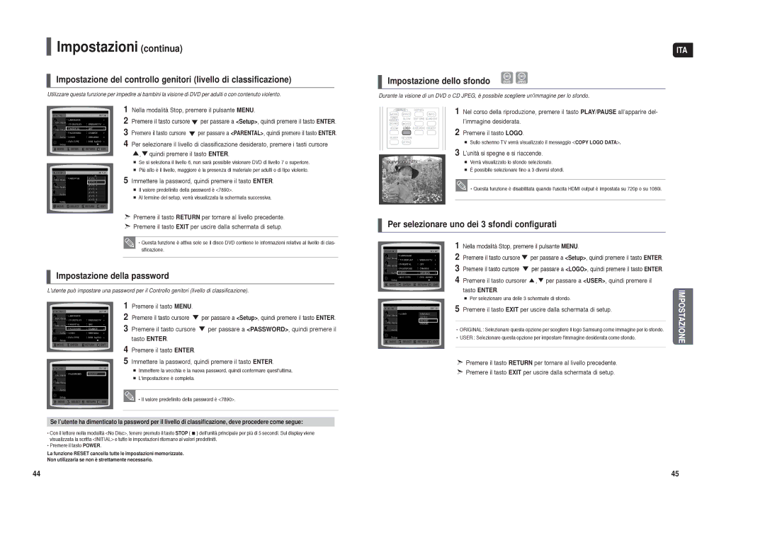 Samsung HT-X30R/XET manual Impostazioni continua, Impostazione della password, Impostazione dello sfondo 