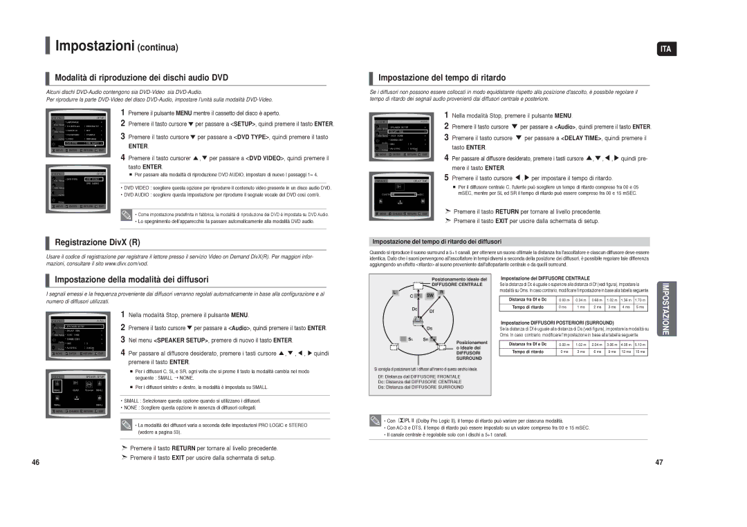 Samsung HT-X30R/XET Modalità di riproduzione dei dischi audio DVD, Impostazione del tempo di ritardo, Registrazione DivX R 