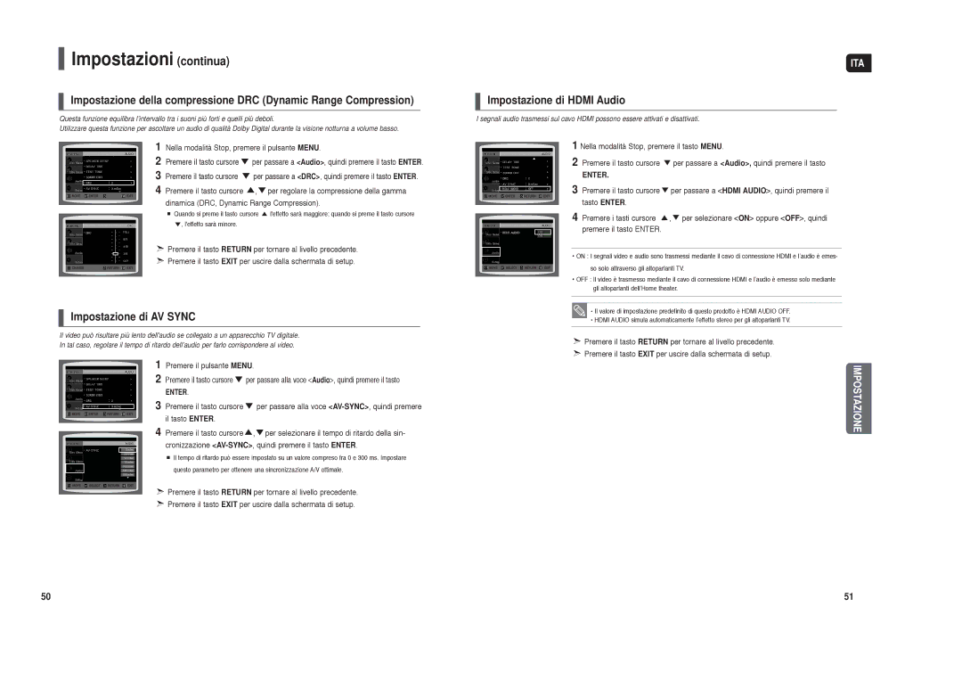 Samsung HT-X30R/XET manual Impostazione di Hdmi Audio, Impostazione di AV Sync 