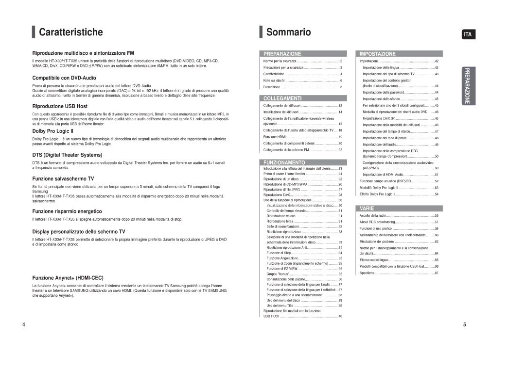 Samsung HT-X30R/XET manual Caratteristiche, Sommario, Riproduzione USB Host, DTS Digital Theater Systems 