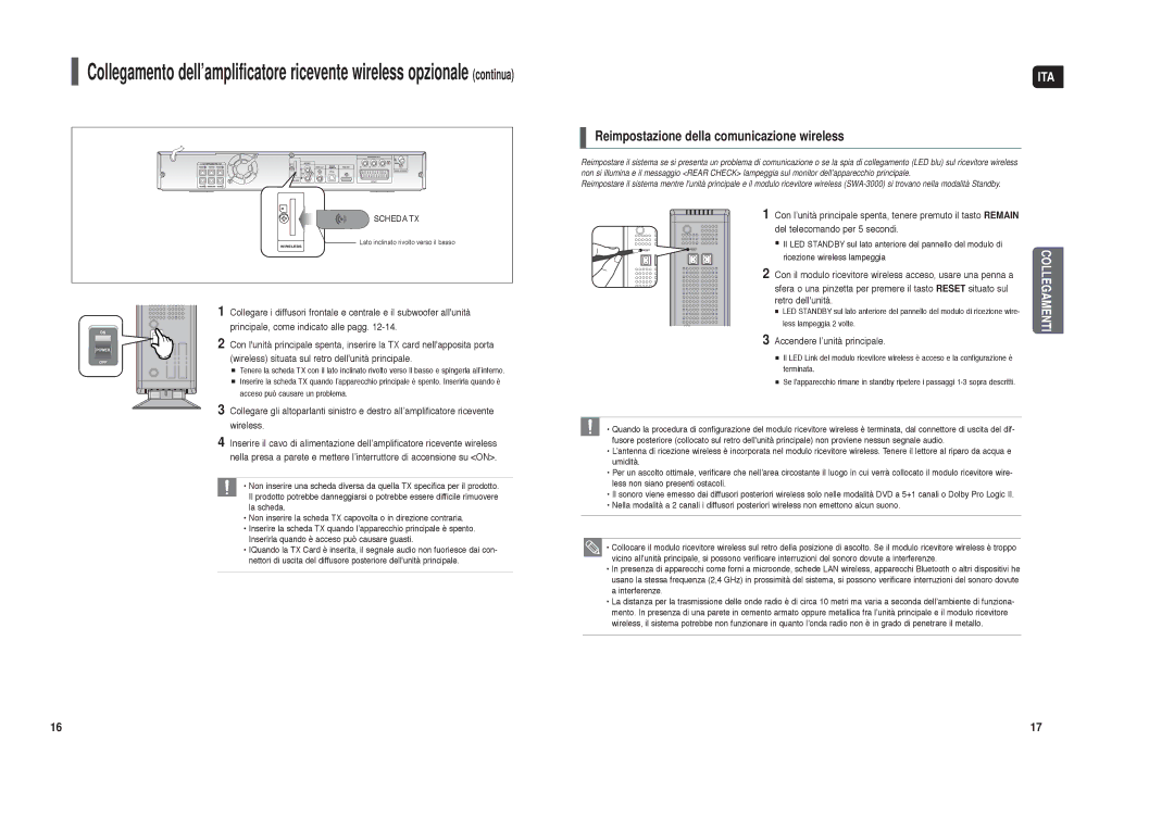 Samsung HT-X30R/XET Reimpostazione della comunicazione wireless, Accendere l’unità principale, Less lampeggia 2 volte 