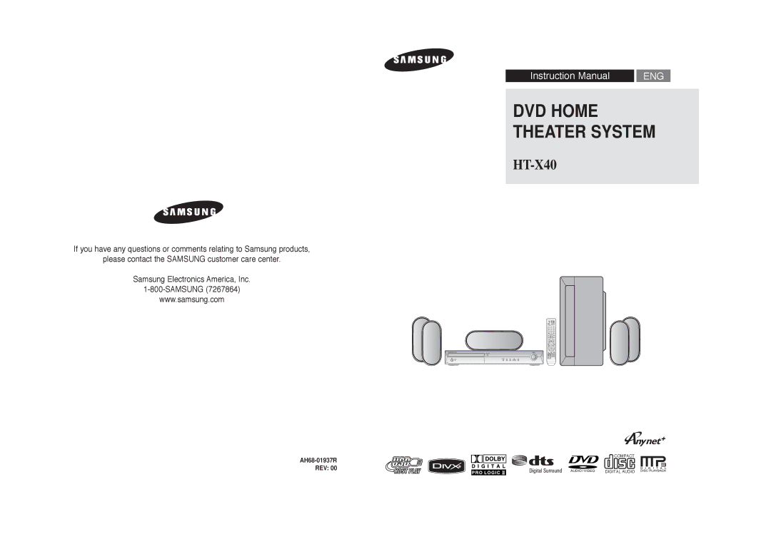 Samsung HT-X40 instruction manual DVD Home Theater System, AH68-01937R660E REV 