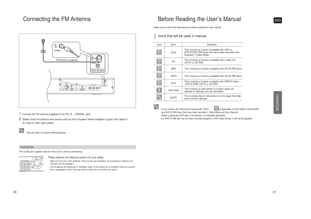 Samsung HT-X40 instruction manual Connecting the FM Antenna, Icons that will be used in manual, Cooling Fan 