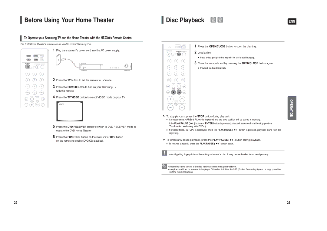 Samsung HT-X40 instruction manual Before Using Your Home Theater, Disc Playback DVD CD 