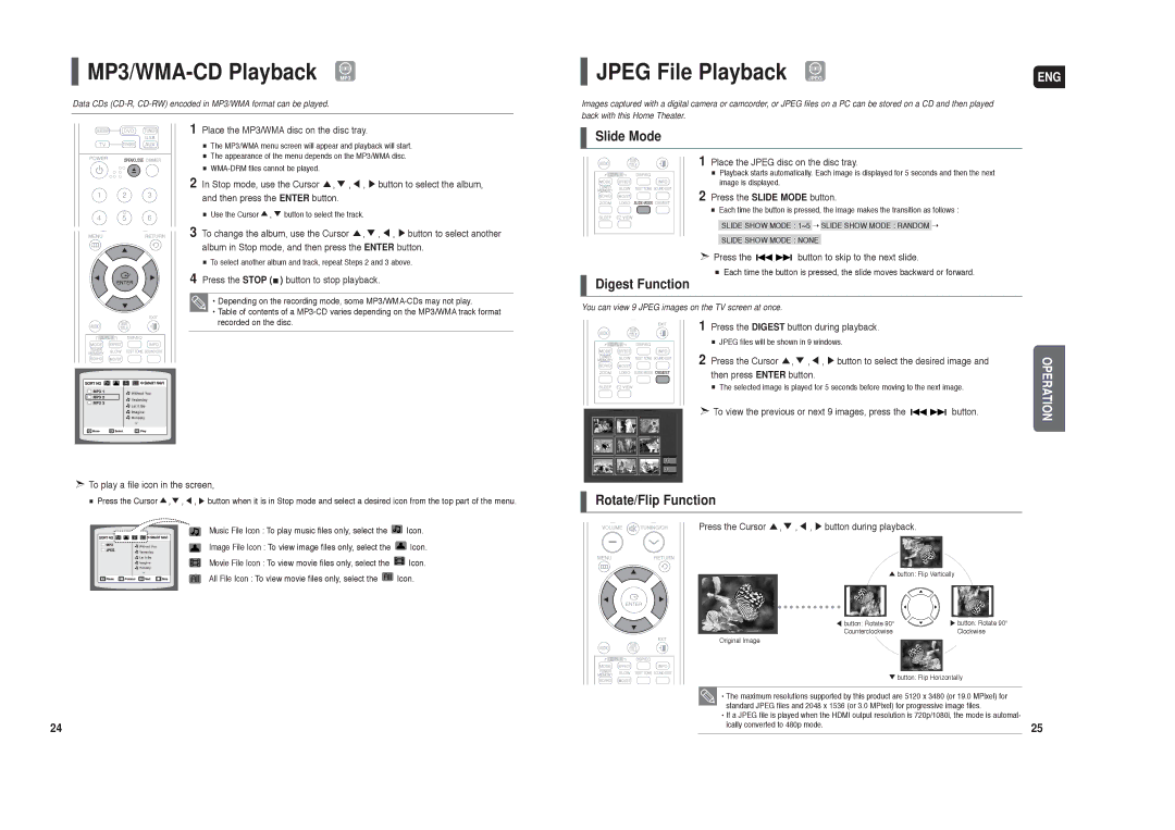 Samsung HT-X40 MP3/WMA-CD Playback MP3, Jpeg File Playback Jpeg, Slide Mode, Digest Function, Rotate/Flip Function 