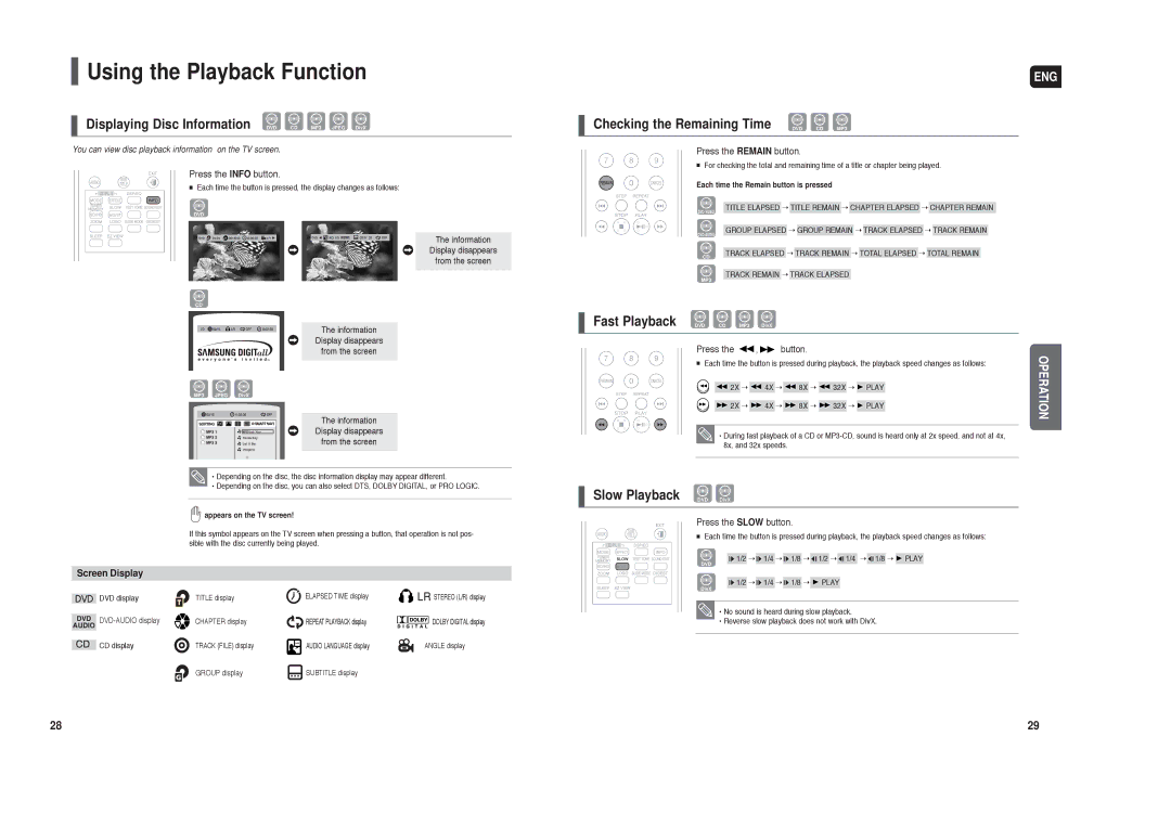 Samsung HT-X40 Using the Playback Function, Displaying Disc Information DVD CD MP3 Jpeg DivX, Slow Playback DVD DivX 