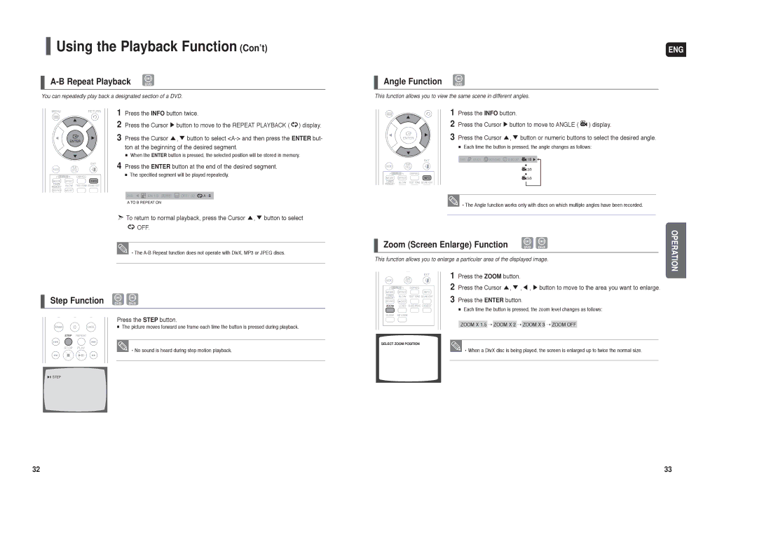 Samsung HT-X40 Using the Playback Function Con’t, Repeat Playback DVD, Step Function DVD DivX, Angle Function DVD 