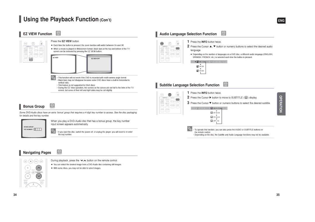 Samsung HT-X40 EZ View Function DVD, Bonus Group DVD -AUDIO, Navigating Pages, Audio Language Selection Function 