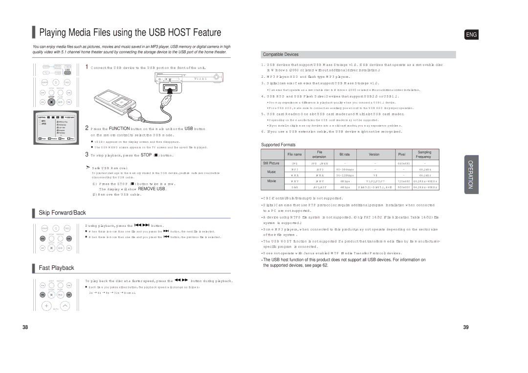 Samsung HT-X40 To stop playback, press the Stop button Safe USB Removal, During playback, press the button 