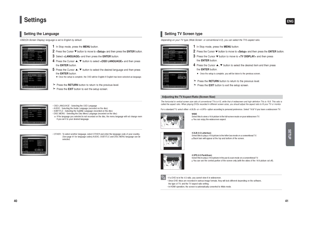 Samsung HT-X40 instruction manual Settings, Setting the Language, Setting TV Screen type 