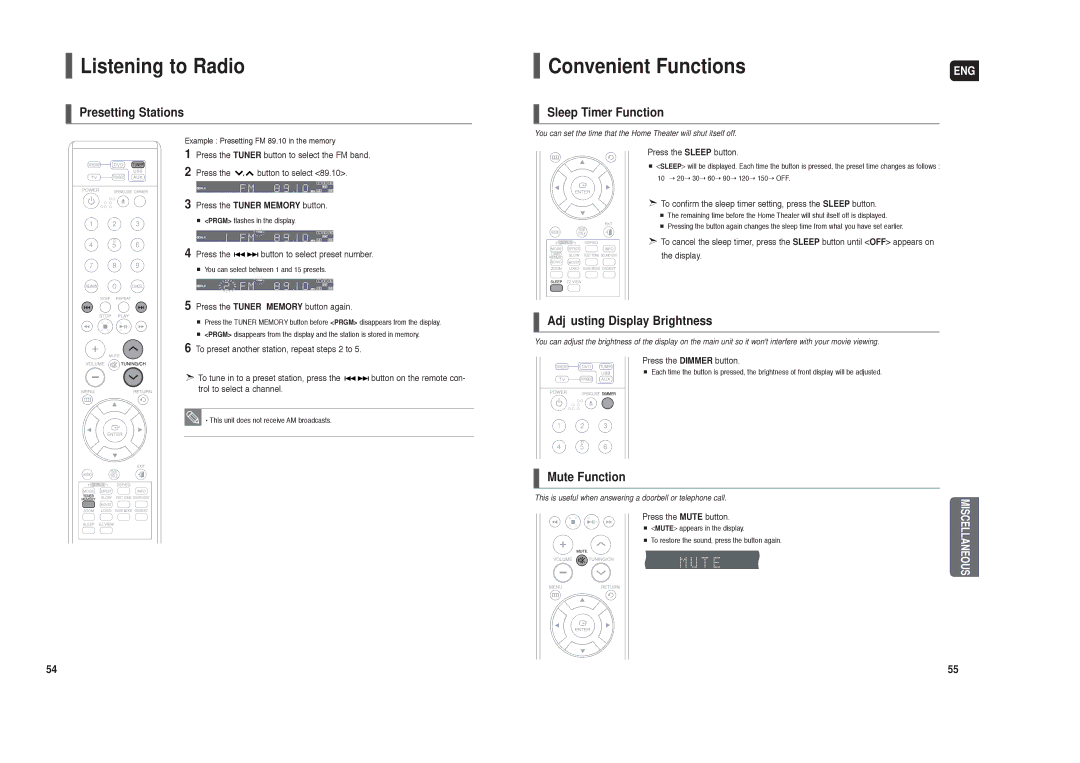 Samsung HT-X40 Convenient Functions, Presetting Stations, Sleep Timer Function, Adjusting Display Brightness 