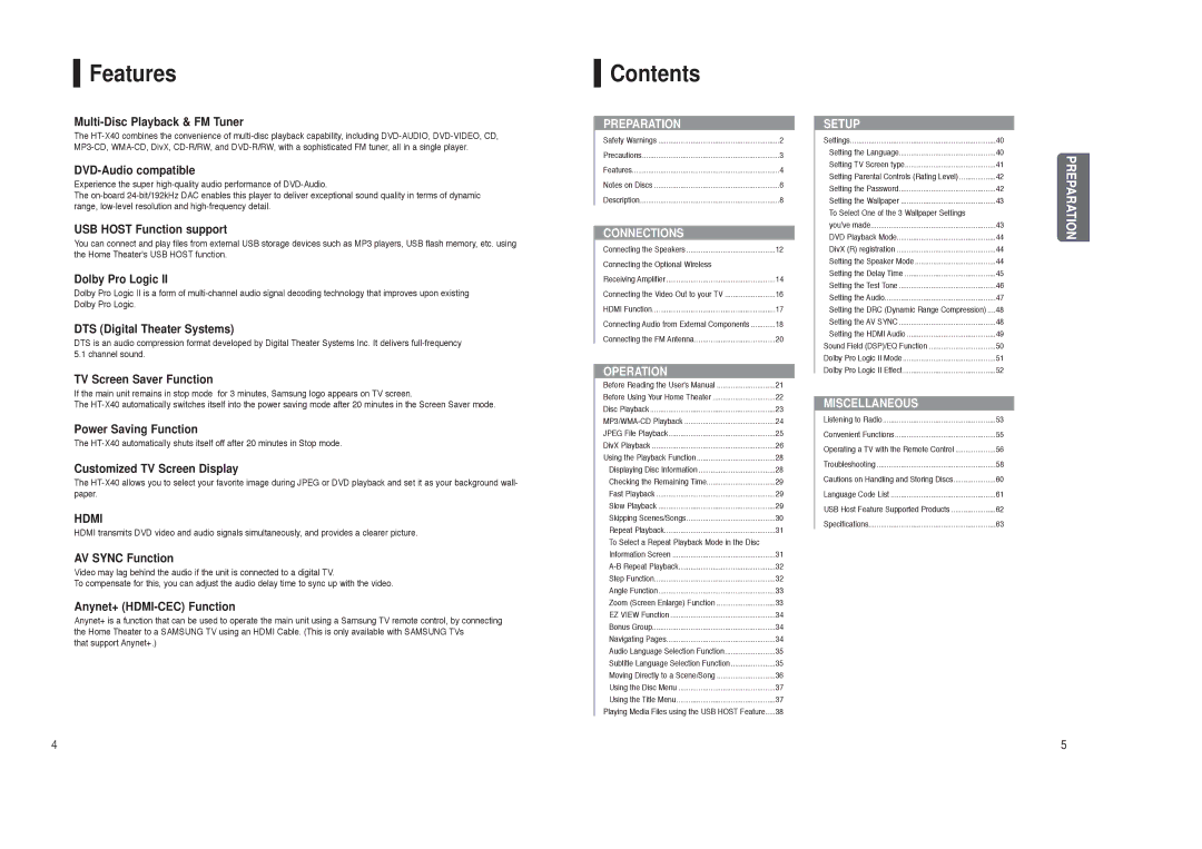 Samsung HT-X40 instruction manual Features, Contents 