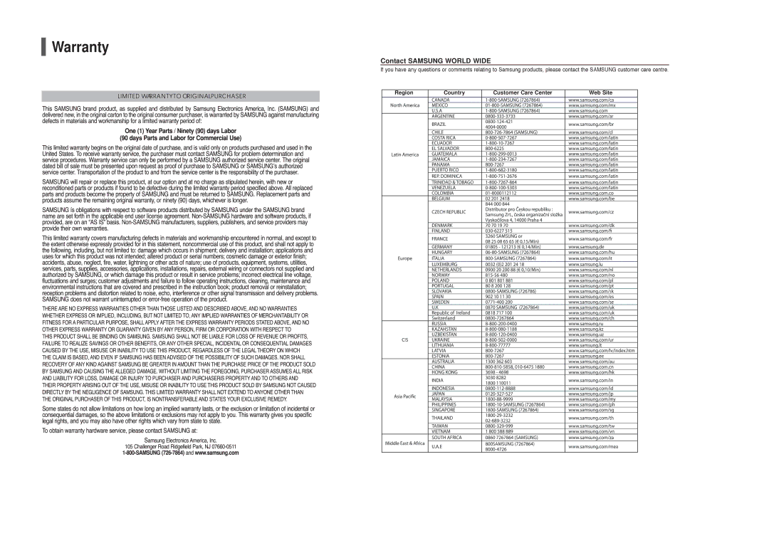 Samsung HT-X40 instruction manual Warranty, Contact Samsung World Wide 