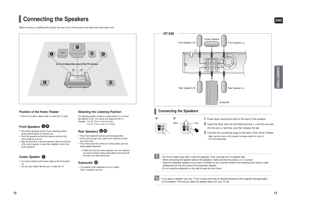 Samsung HT-X40 instruction manual Connecting the Speakers 