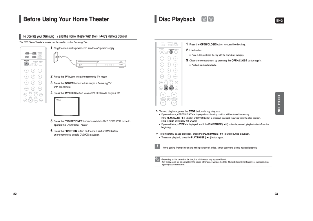 Samsung HT-X40 instruction manual Before Using Your Home Theater, Disc Playback DVD CD, Operation 