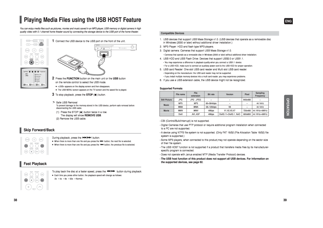 Samsung HT-X40 Playing Media Files using the USB HOST Feature, Operation, Compatible Devices, Supported Formats 