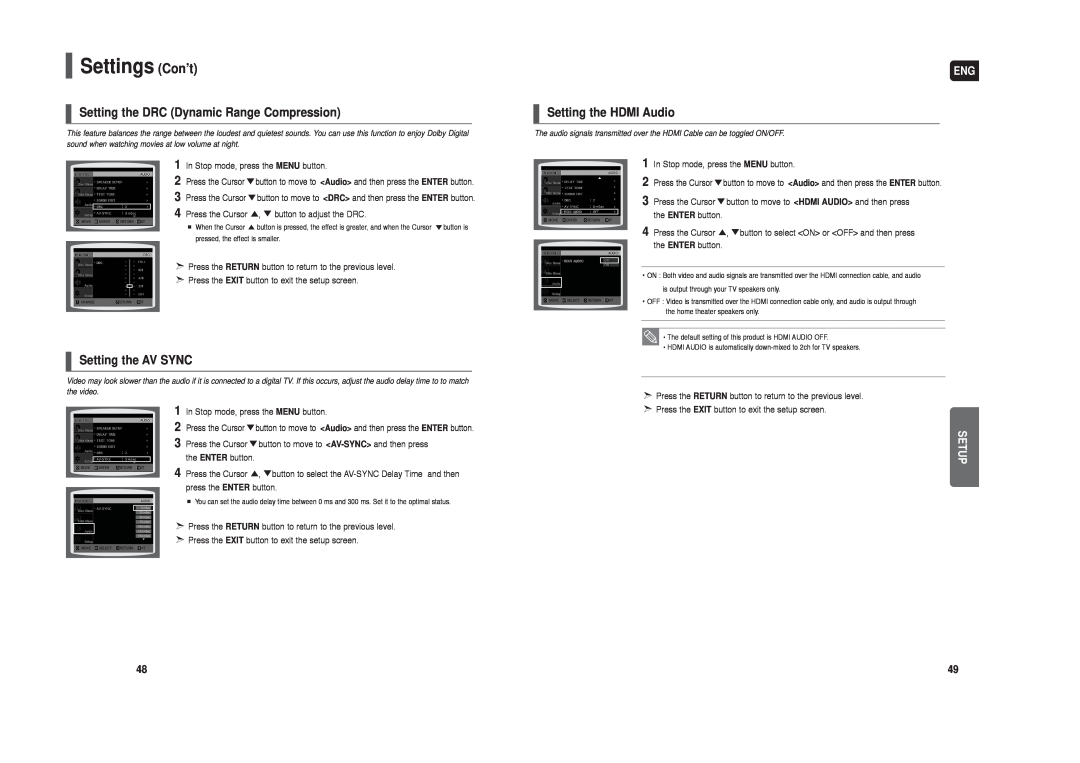 Samsung HT-X40 instruction manual Settings Con’t, Setting the DRC Dynamic Range Compression, Setup 