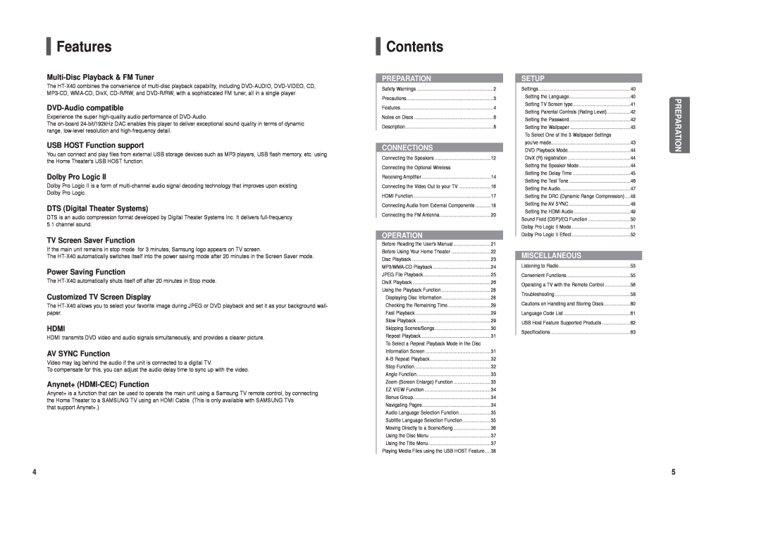 Samsung HT-X40 instruction manual Features, Contents, Preparation 